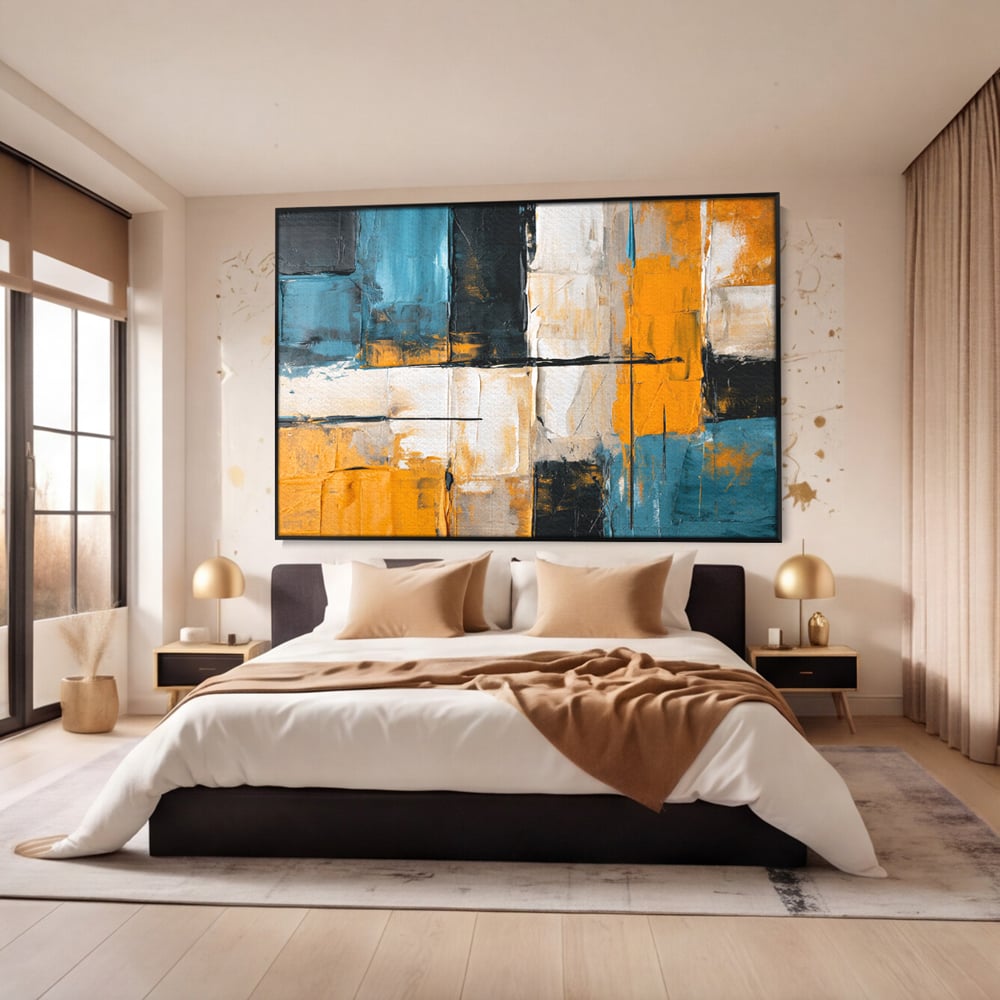 Tablou canvas cu tablou canvas abstract geometric, in rama de aluminiu negru, pe perete intr-un dormitor